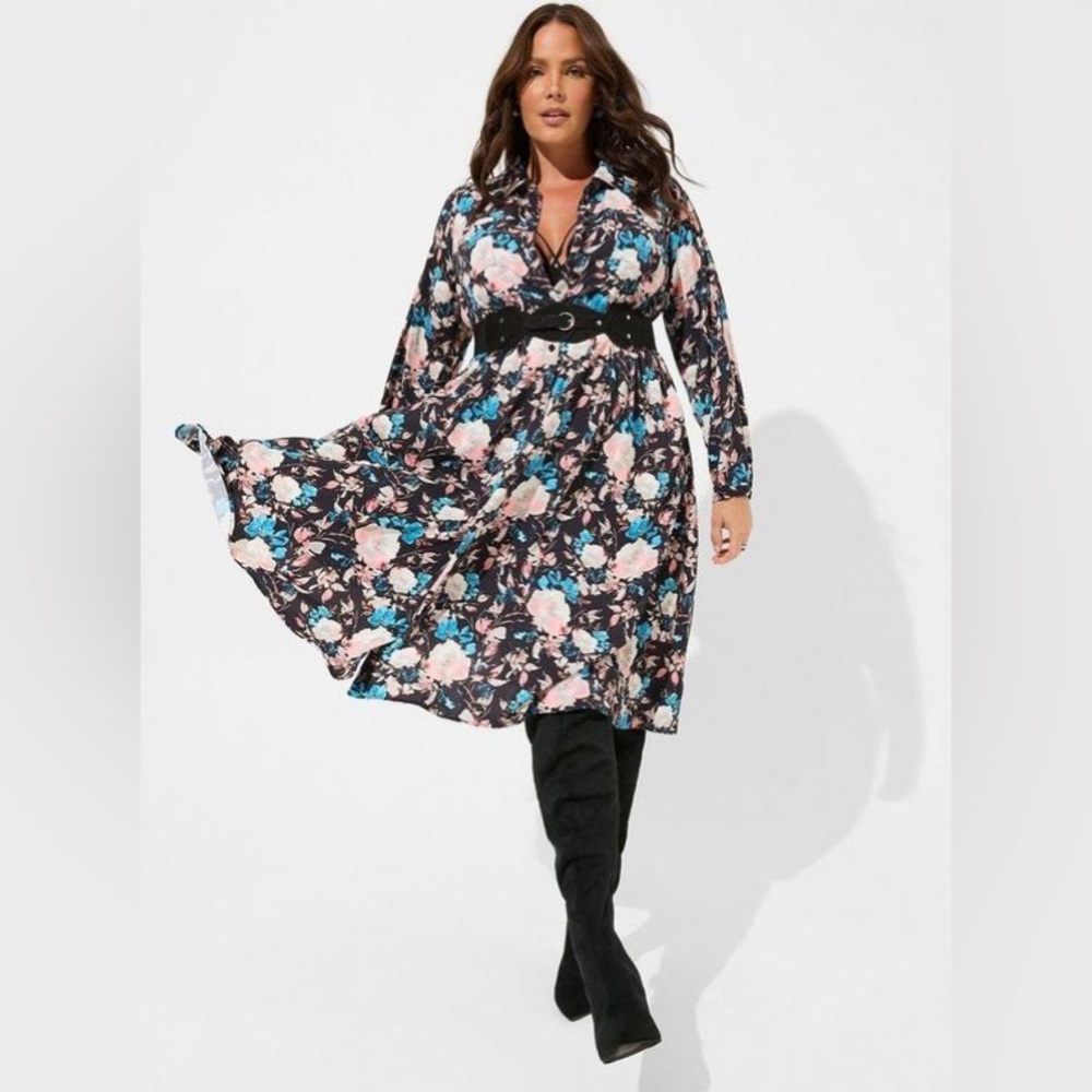Torrid Midi Studio Crepe De Chine Long Sleeve Button Front Shirtdress - 2X - NWT